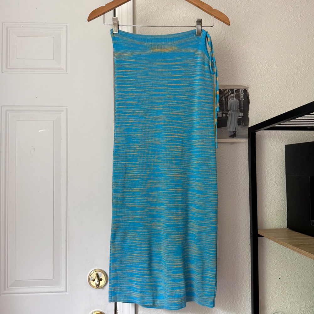 PALISKATES aqua teal blue chunky knit cutout tie waist bodycon midi maxi skirt